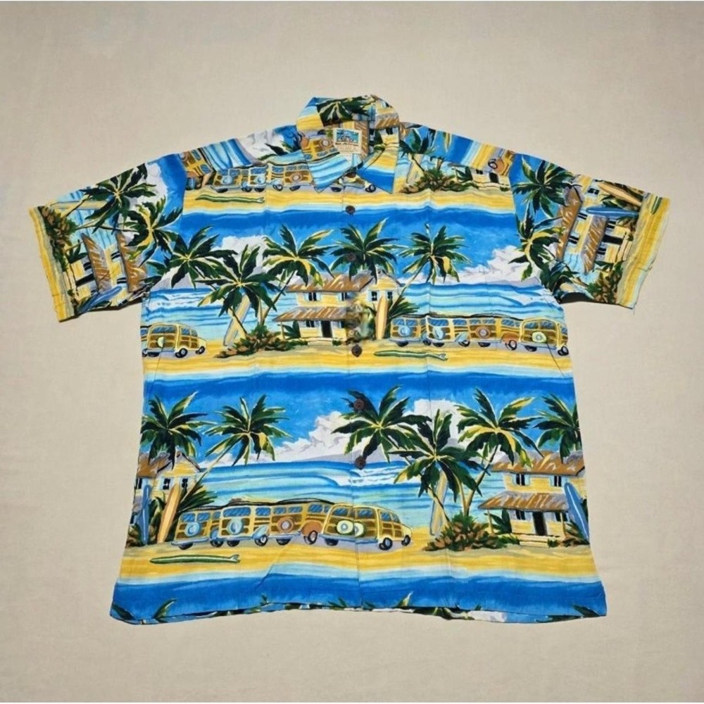 Kahala Ron Anderson Men Hawaiian Shirt Large Woody Wagon Surf Beach Graphics